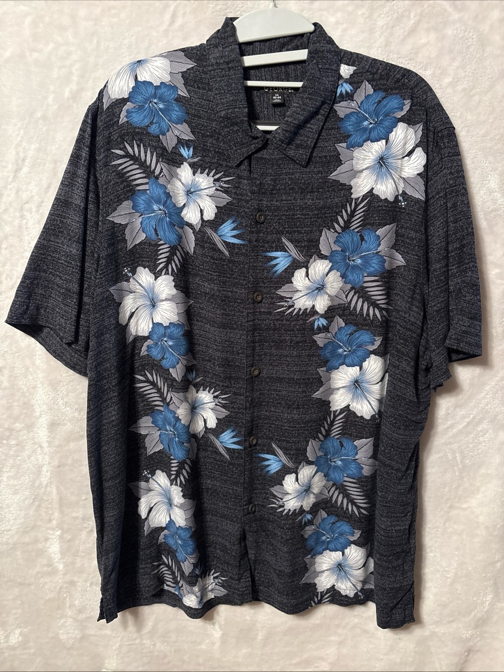 George Short-Sleeve Button-Down Shirt with Blue & White Floral Design
